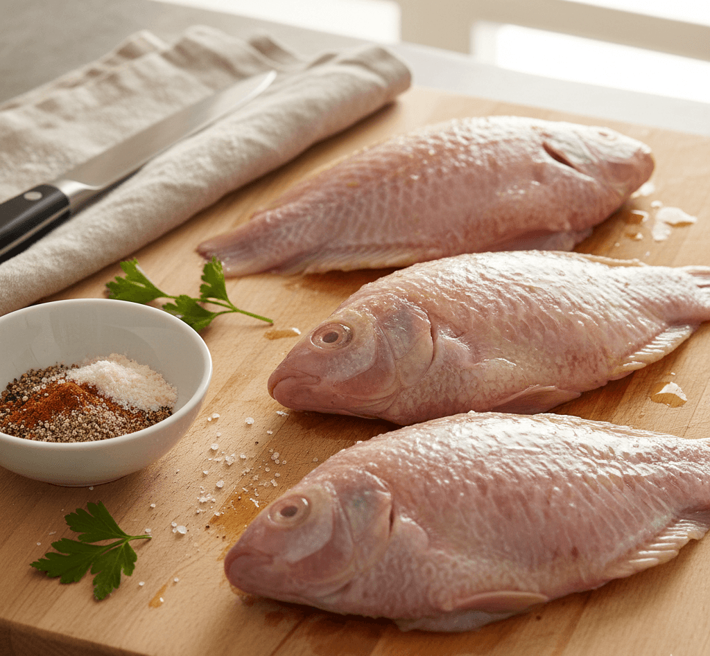 Raw tilapia fillets prepped and patted dry, ready for seasoning.