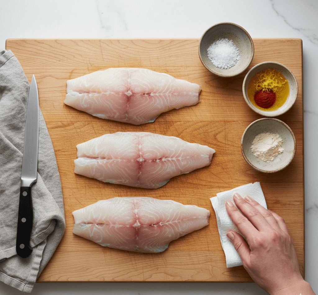 applying simple seasoning and light oil to cod fillets.