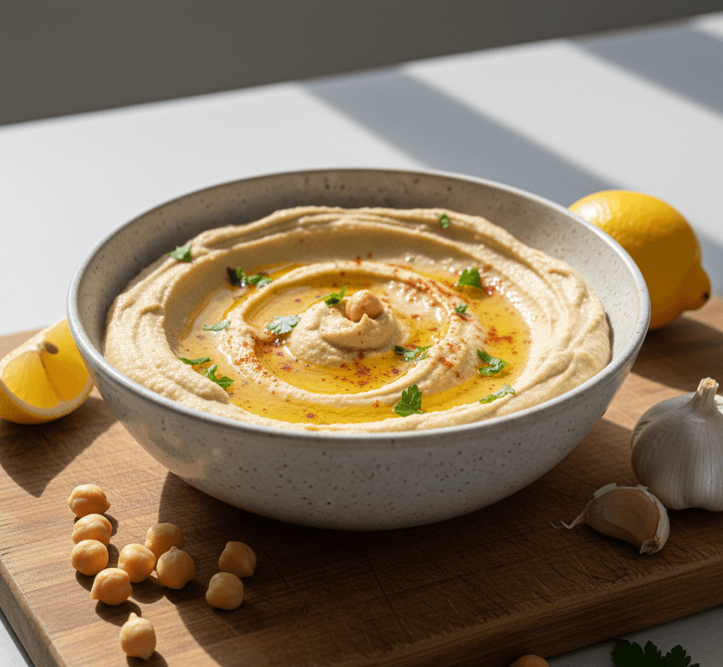 Spoonful of smooth tahini-free hummus showing creamy texture and consistency.