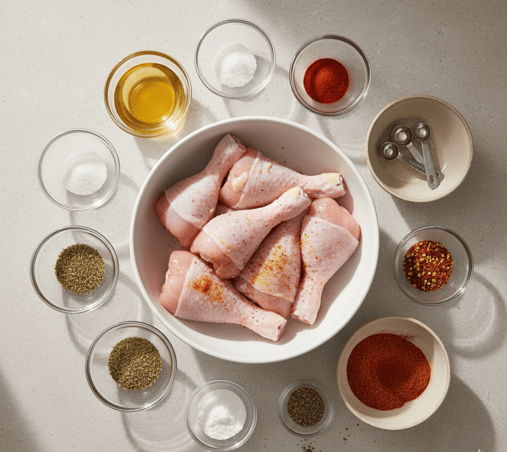 Air fryer drumsticks with seasoning ingredients arranged on a countertop in small bowls