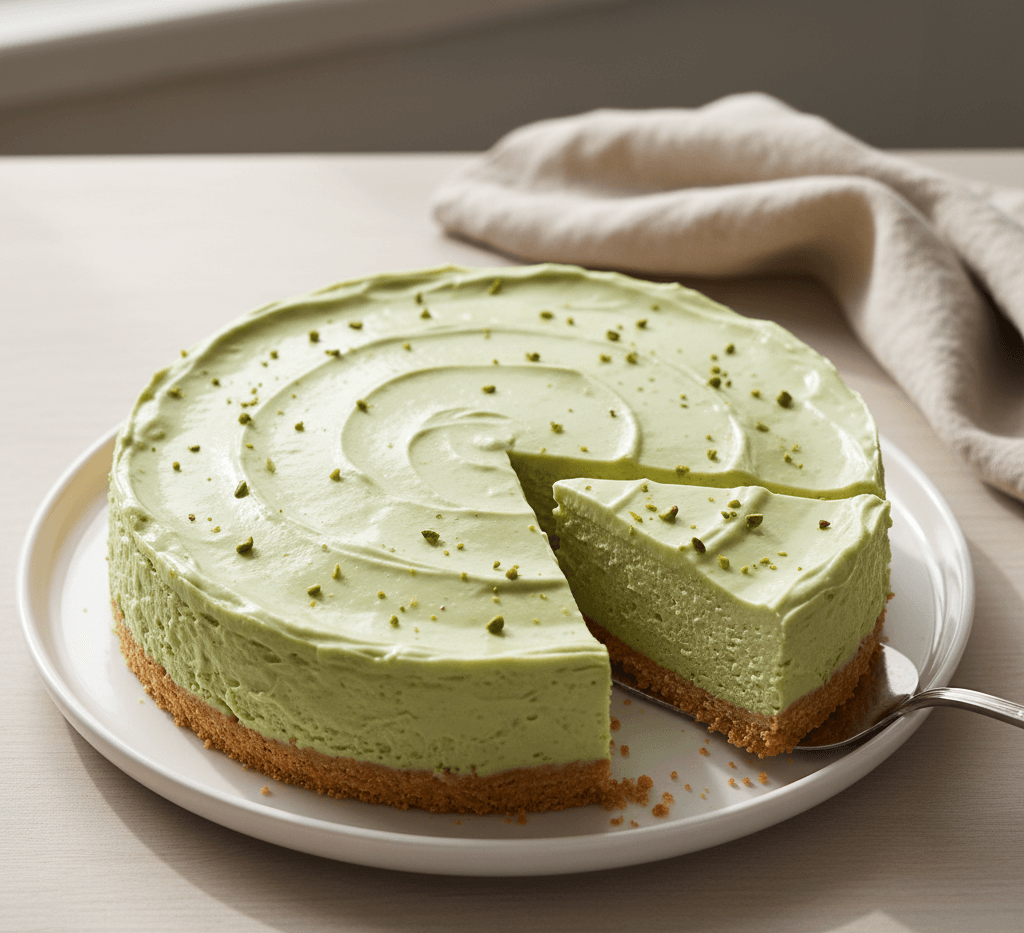 Smooth, glossy no-bake pistachio cheesecake with a creamy filling and firm biscuit base.