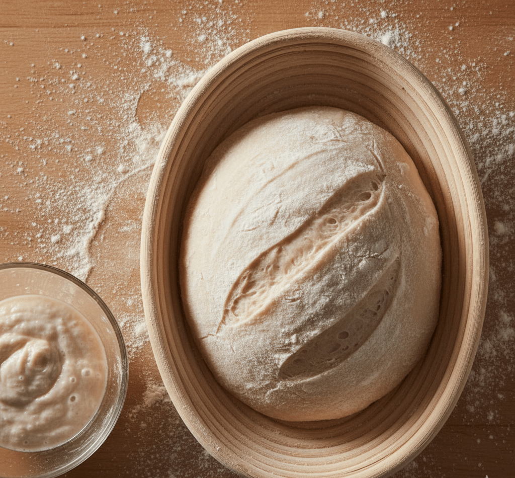 Elastic, hydrated sourdough dough being gently folded in a mixing bowl.