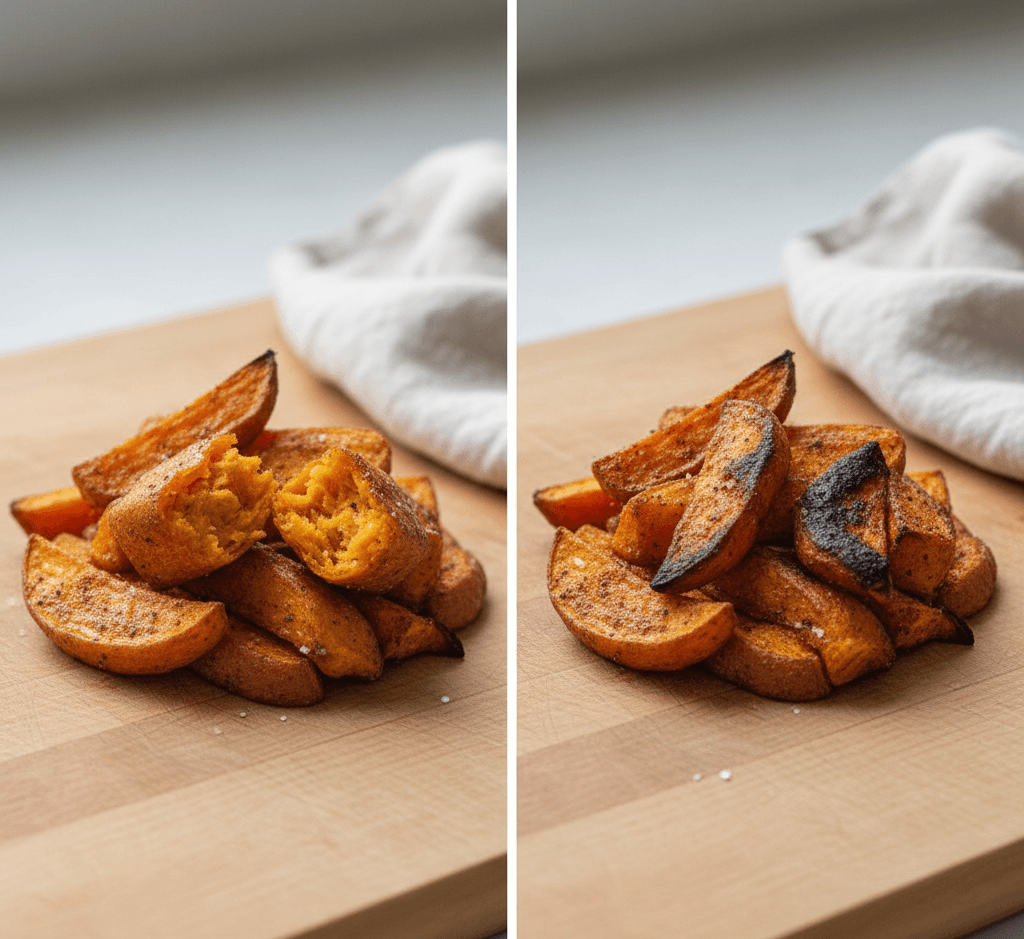 Comparison of perfectly cooked versus over-browned air fryer sweet potatoes