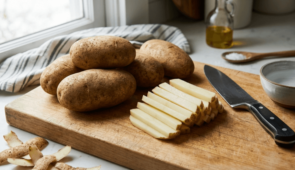 Raw potatoes being cut into sticks for air fryer French fries.