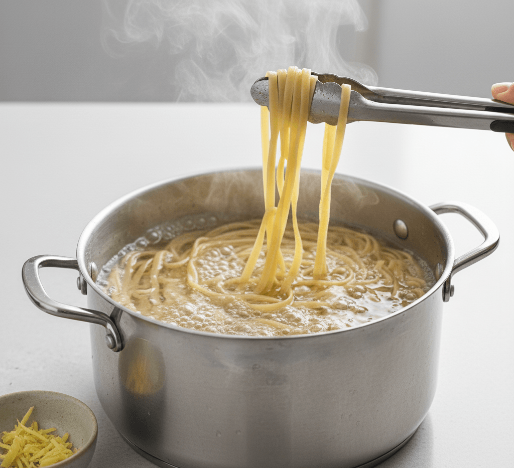 Linguine noodles boiling in a pot for budget-friendly hoisin beef linguine with ginger and garlic on the side.