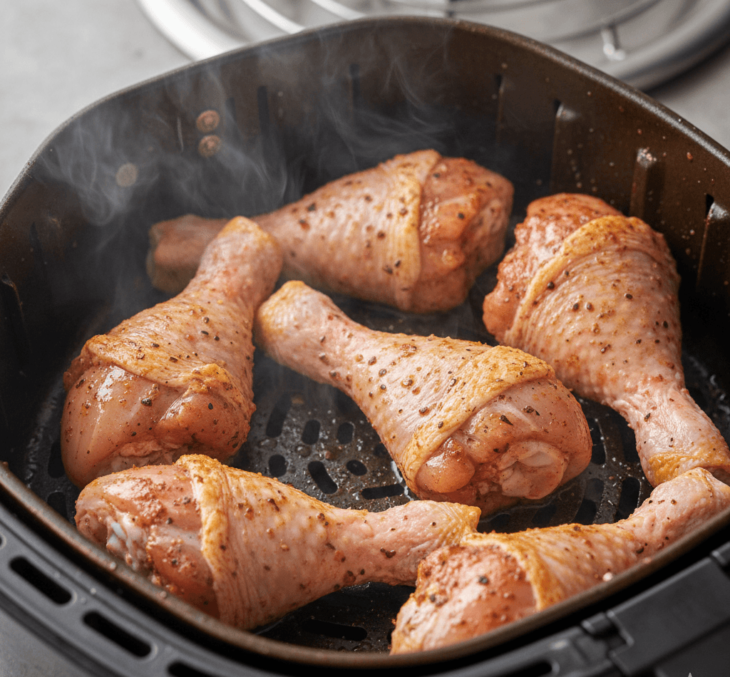 Chicken drumsticks cooking in an air fryer basket with even spacing and browning skin
