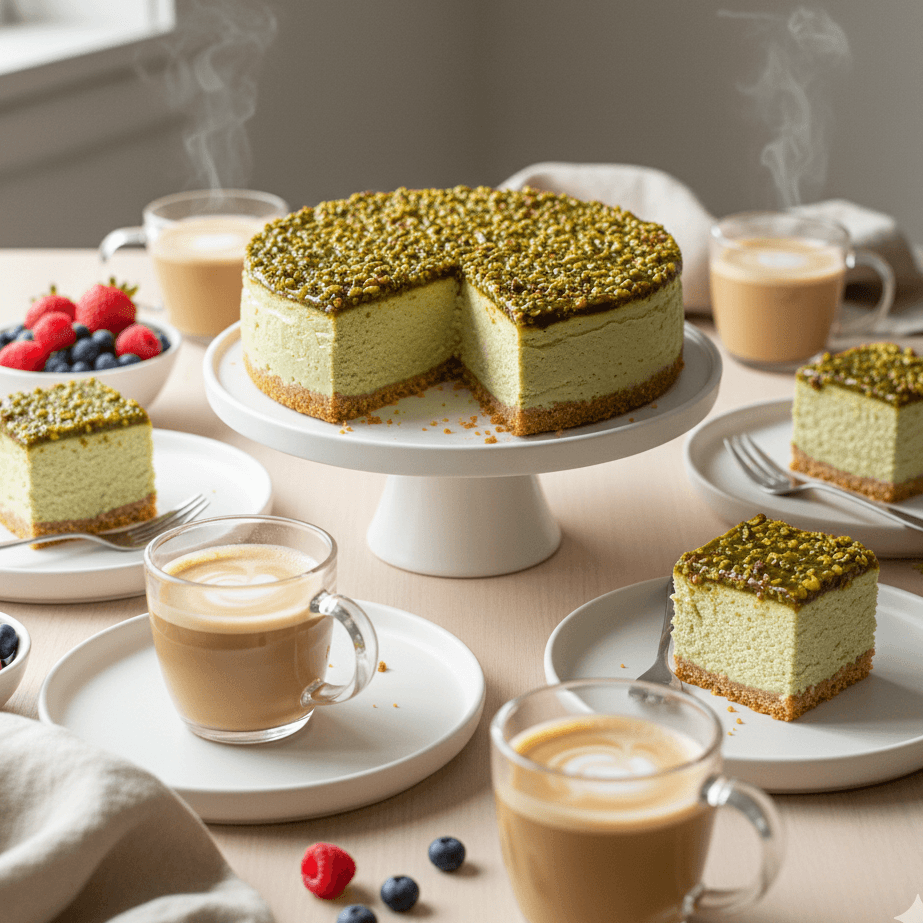 Close-up of creamy cheesecake topped with pistachio cream, highlighting texture and color.