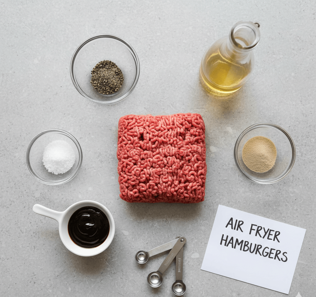 Ingredients for air fryer hamburgers including ground beef, salt, pepper, and seasonings