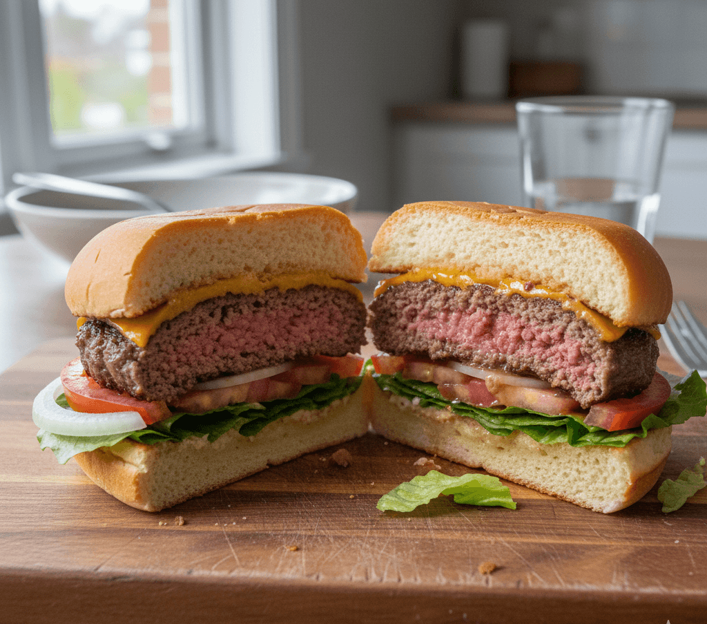 Fully assembled air fryer hamburger with melted cheese, lettuce, and tomato on a toasted bun