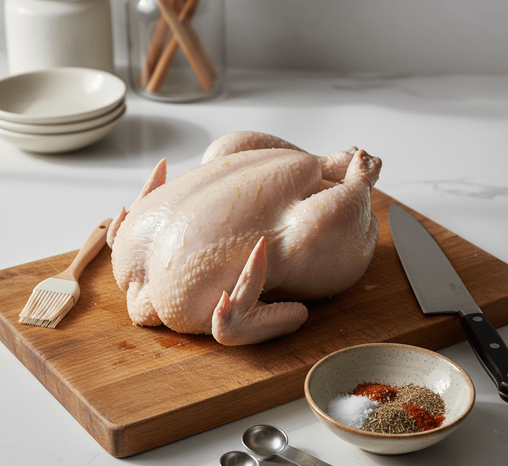 Whole chicken prepared and patted dry, ready for air fryer cooking.