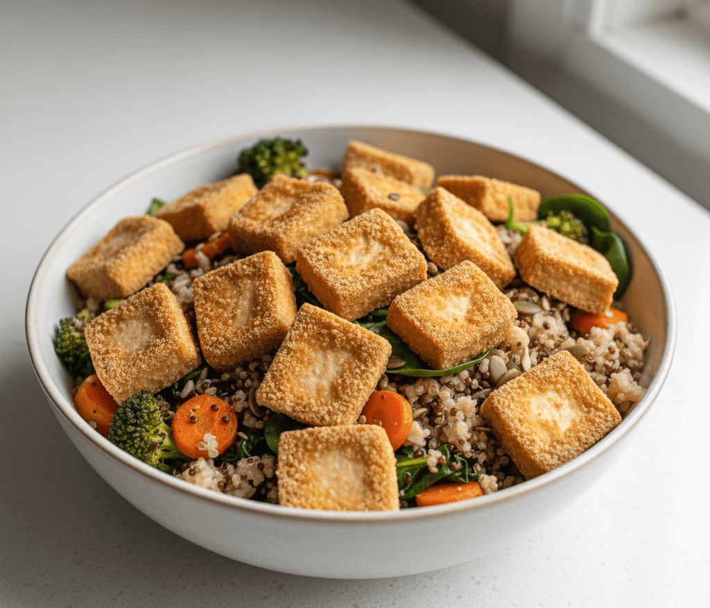 Crispy air fryer tofu cubes with golden exterior and tender center