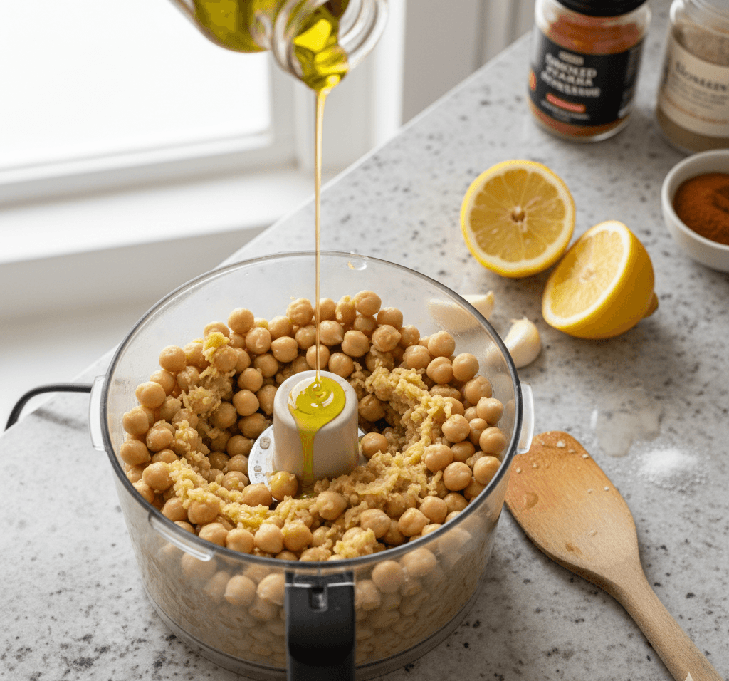 Canned chickpeas blended with olive oil, garlic, and lemon in a food processor for tahini-free hummus.