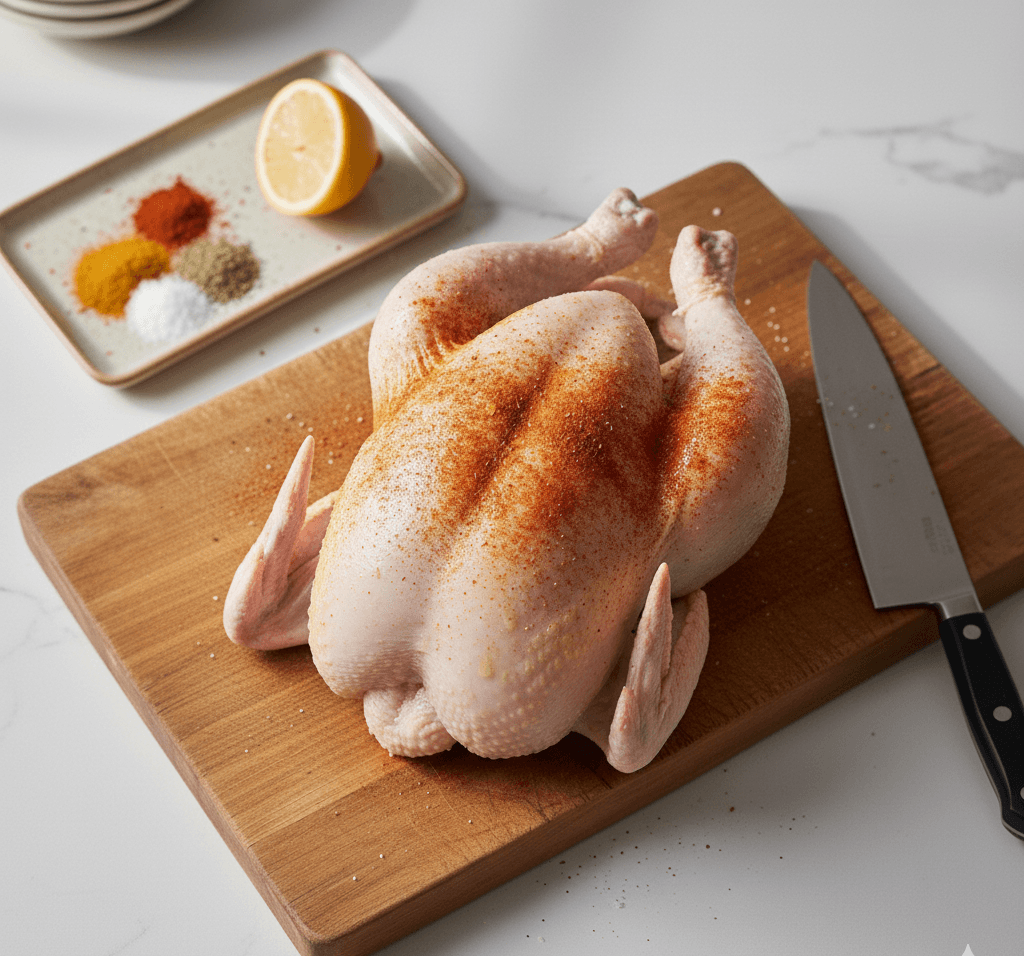 seasoning a whole chicken with spices and light oil coating.