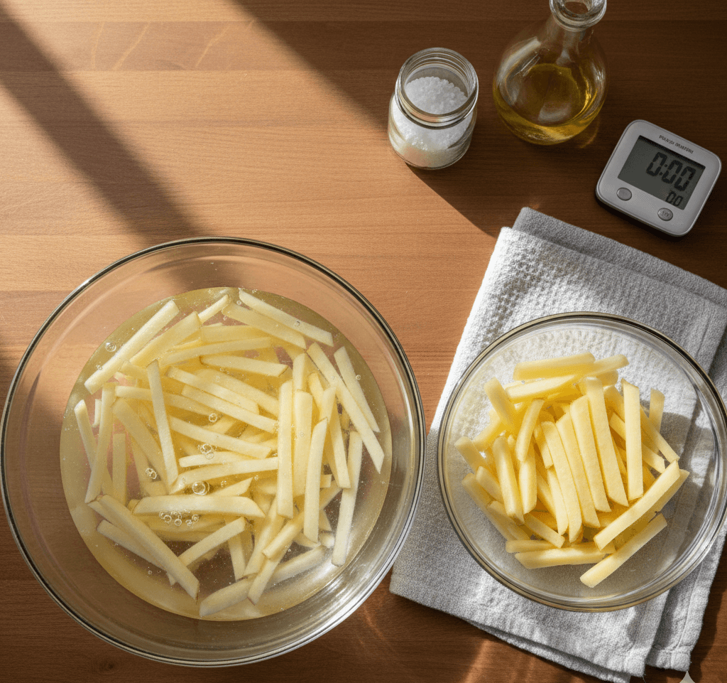 Potato sticks soaking and drying before cooking for crisp fries.