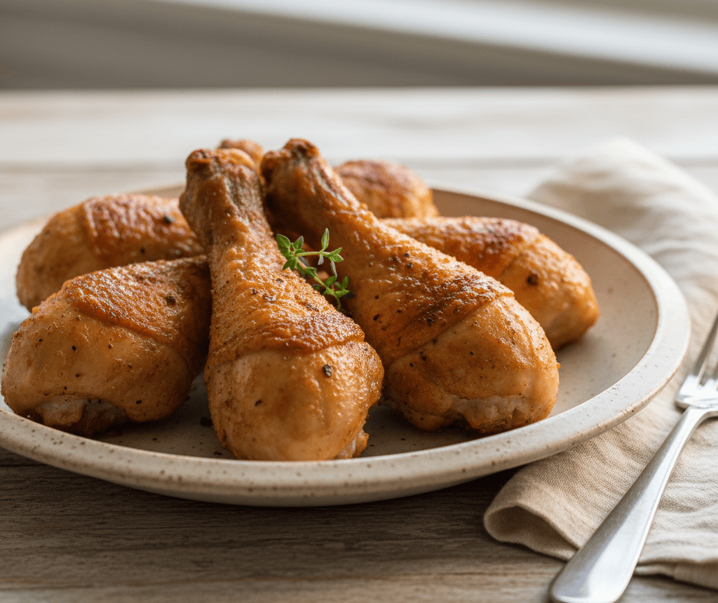 Crispy, golden air fryer chicken drumsticks on a plate, perfectly browned skin and juicy meat