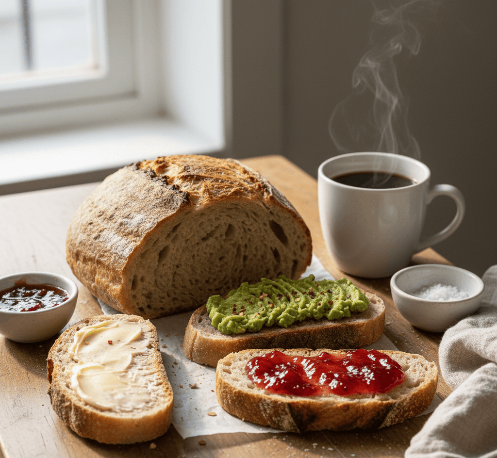 Sliced sourdough bread showing open crumb texture and crisp, rustic crust.