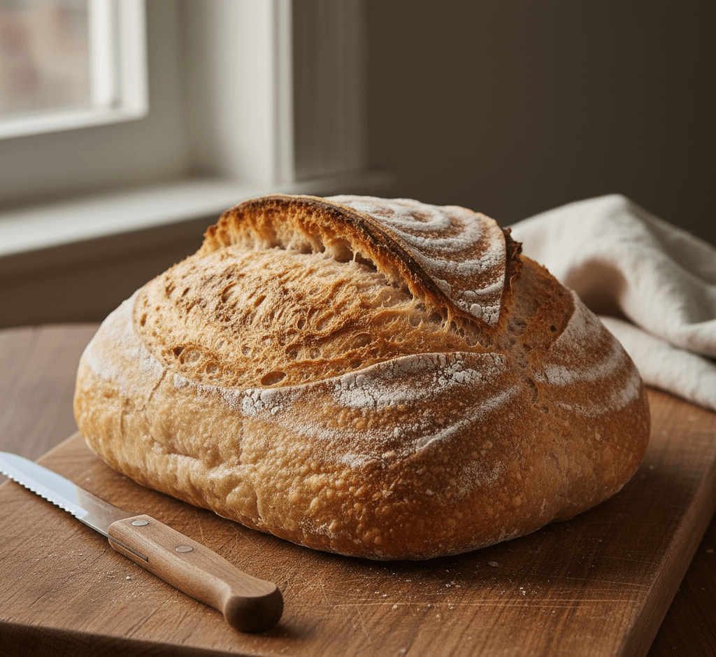 Freshly baked sourdough loaf with golden crust and airy crumb on a wooden cutting board.