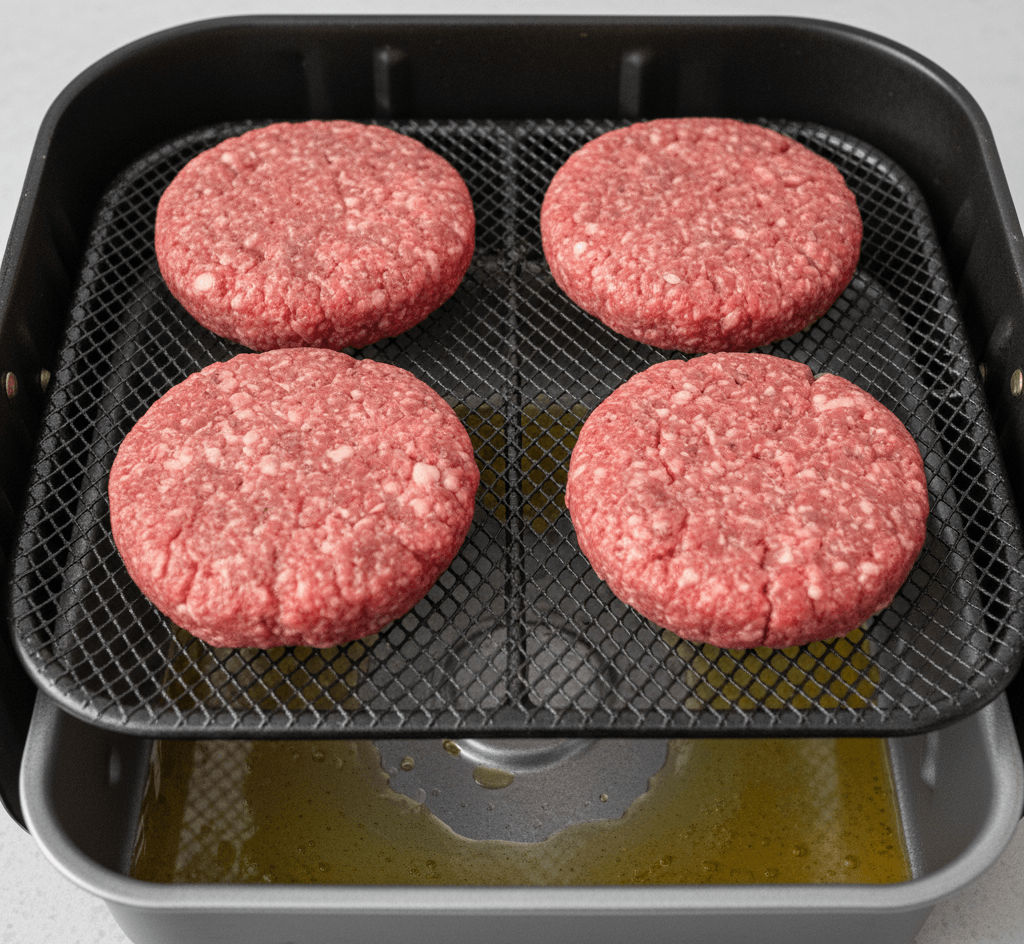 Hamburger patties cooking in an air fryer basket with proper spacing and airflow