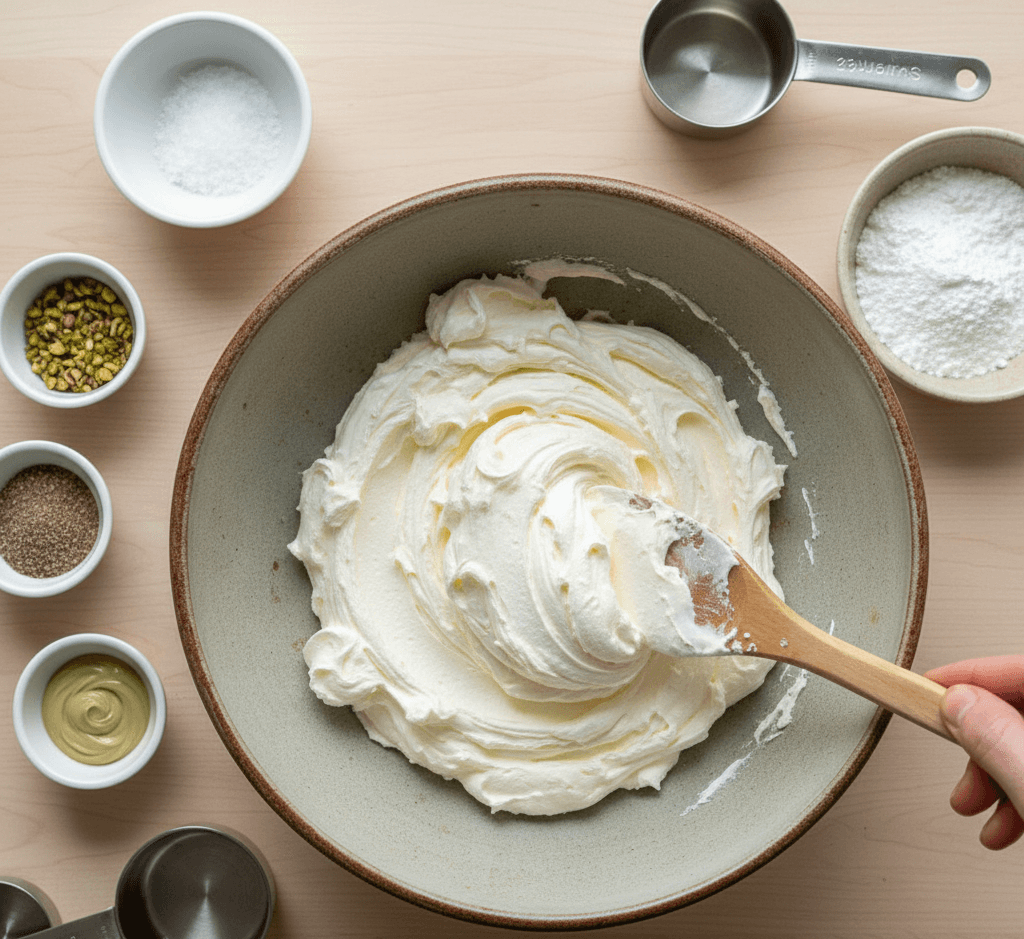Preparing or serving a no-bake pistachio cheesecake with elegant presentation for gatherings.