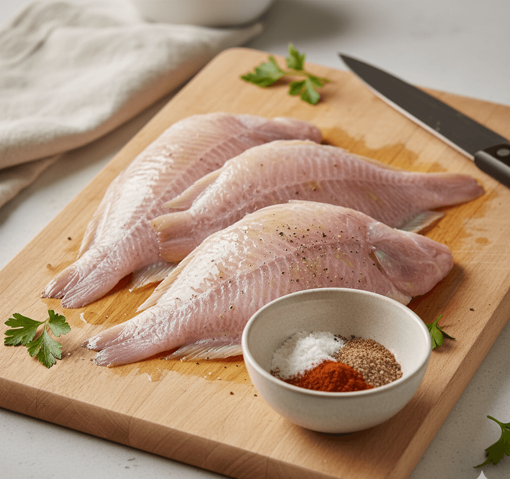 seasoning tilapia fillets with spices and a light oil coat.