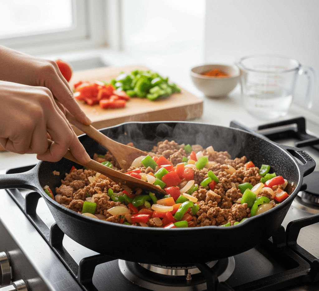 Fresh vegetables being stirred into browned ground turkey on the stovetop.