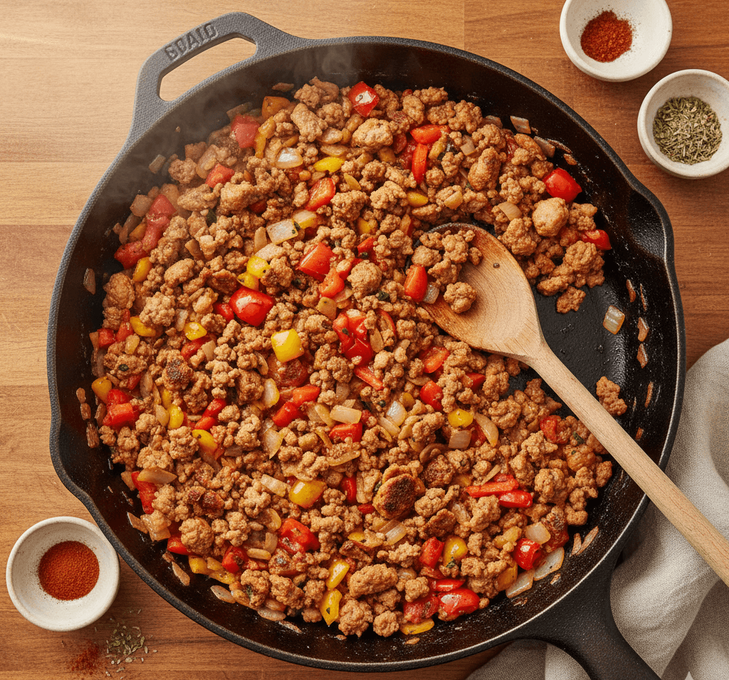 Ground turkey skillet with sautéed vegetables in a cast-iron pan ready to serve.