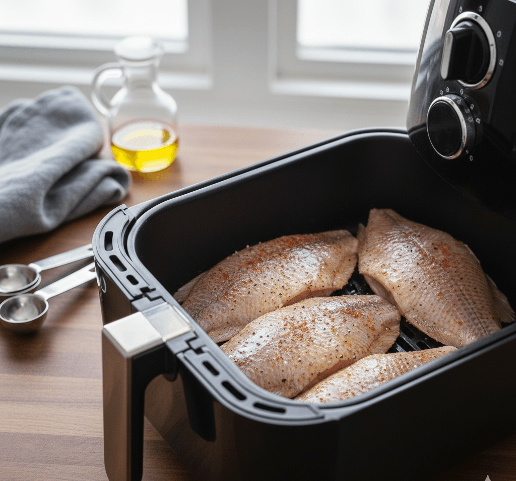 Air fryer basket with tilapia fillets spaced evenly for cooking.