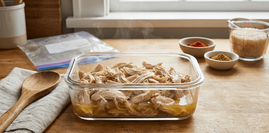 Shredded chicken stored in a glass container with cooking liquid.