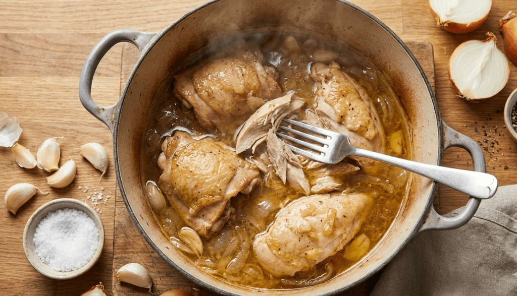 Freshly cooked chicken in a pot ready to be shredded.