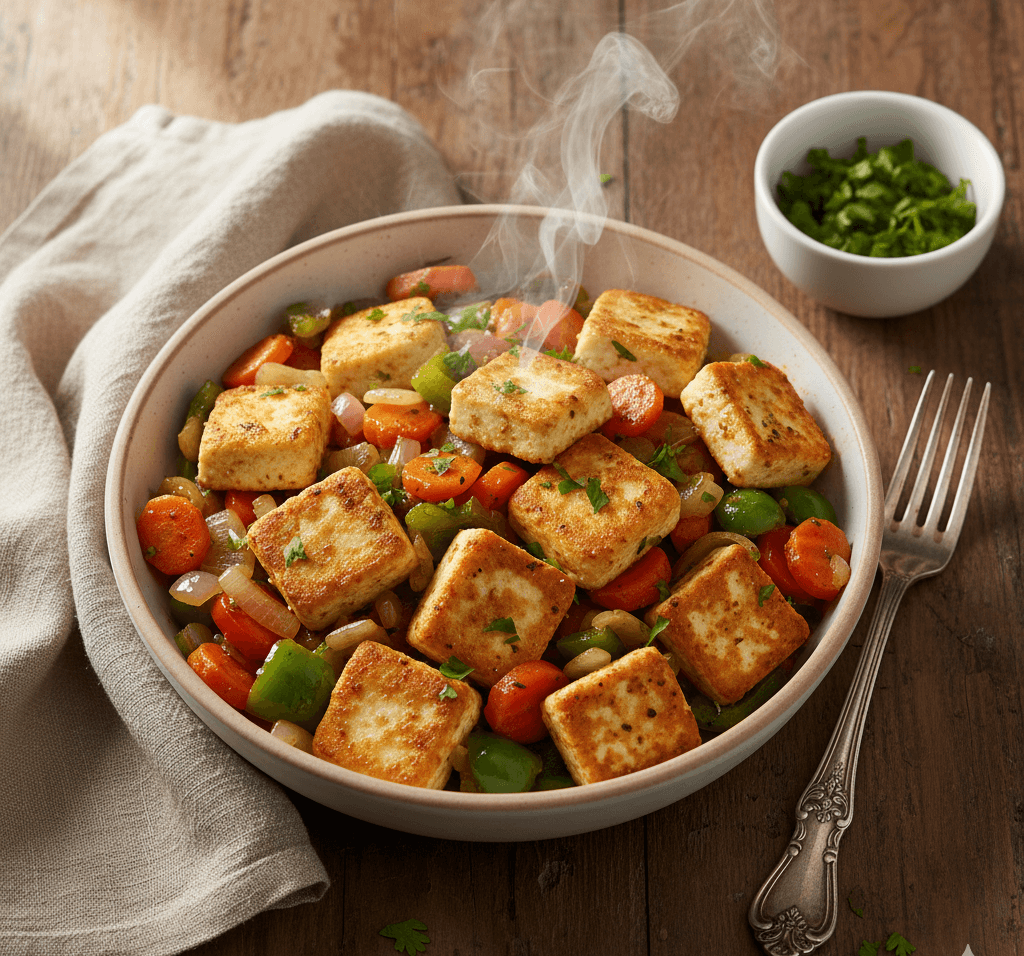 Hot cottage cheese skillet with sautéed onions, carrots, and capsicum in a bowl