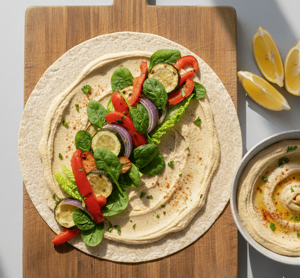 Whole wheat wrap filled with roasted vegetables and tahini-free hummus for a quick meal.