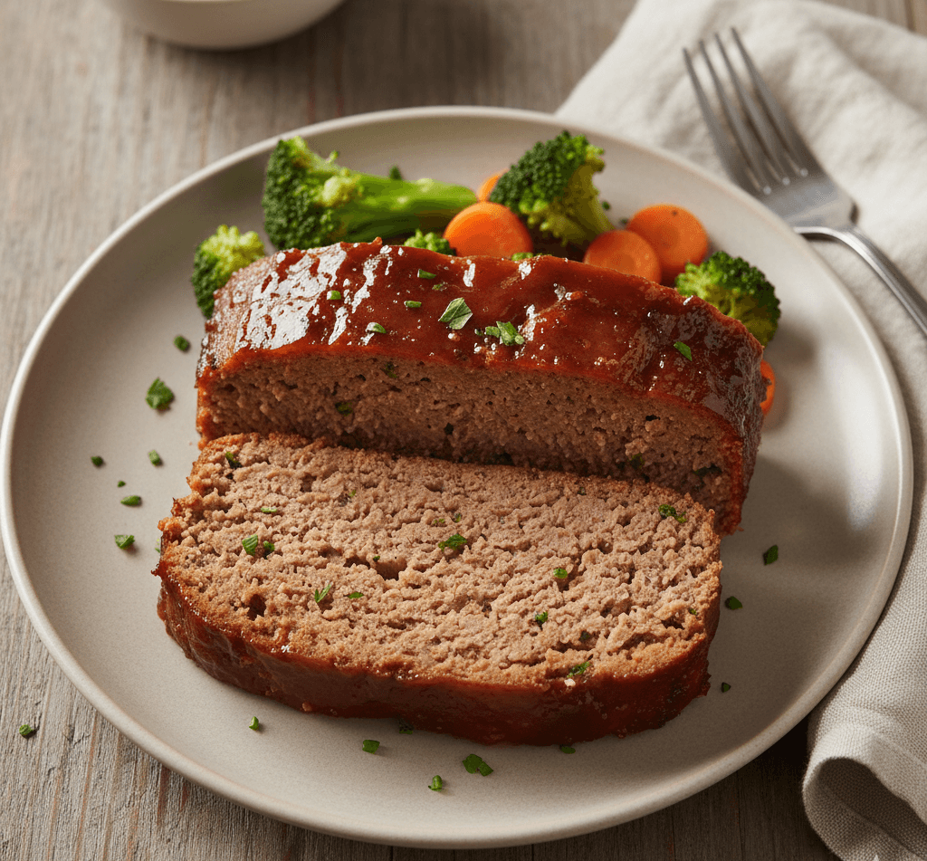 Sliced air fryer meatloaf served on a plate with roasted vegetables, showing tender interior and caramelized glaze