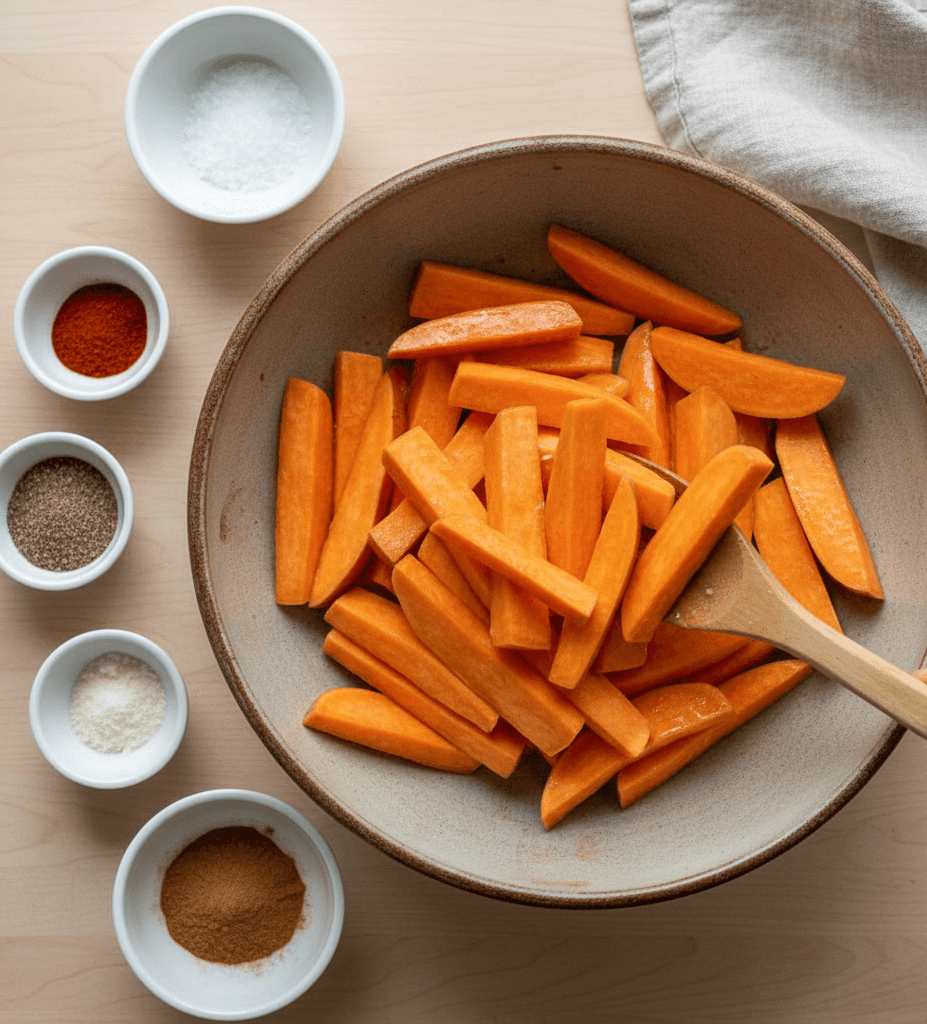 Sweet potato wedges being lightly oiled and seasoned for air fryer cooking