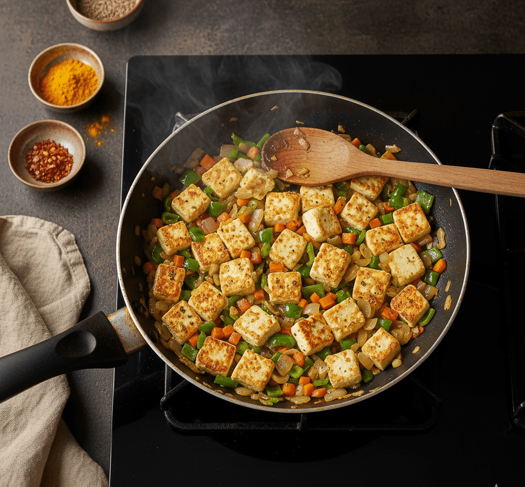 Stirring colorful vegetables into creamy cottage cheese in a skillet.