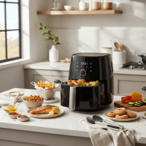 Air fryer basket with evenly spaced fries ready to cook.