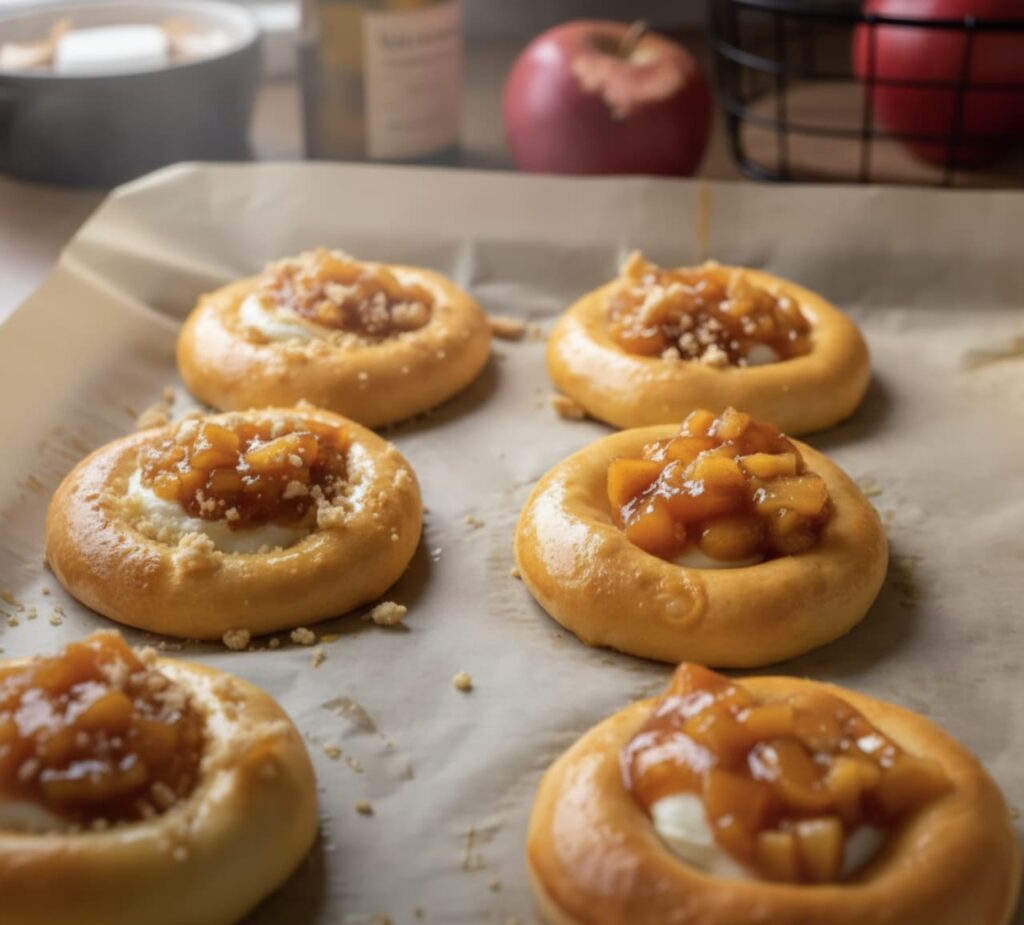 mini apple pies spread evenly on tray ready to bake.