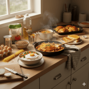 Different dishes placed on kitchen counter