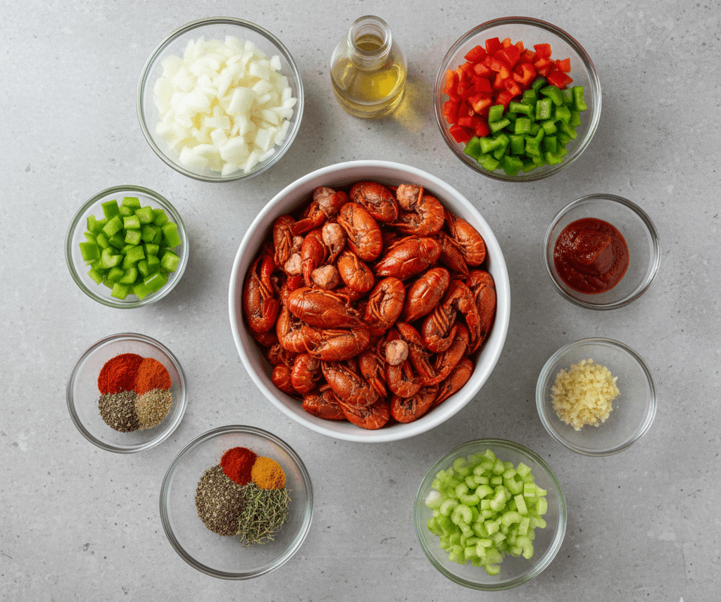 Affordable crawfish recipe ingredients including crawfish tails, onions, bell peppers, celery, garlic, tomato paste, and simple pantry spices arranged on a kitchen counter
