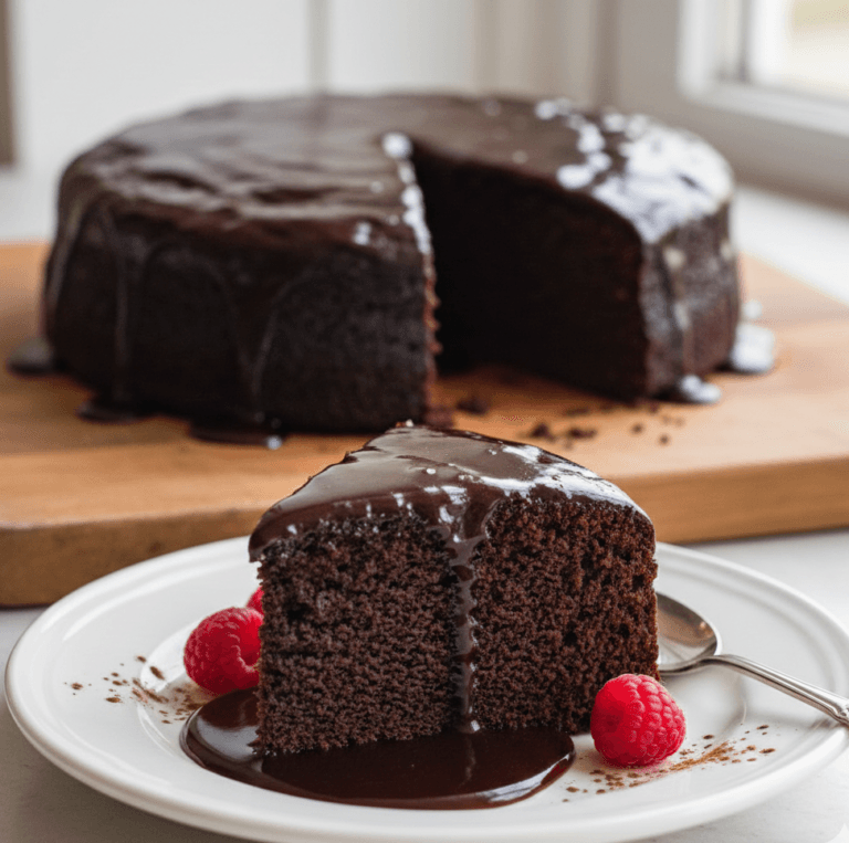 A slice of moist Matilda chocolate cake with a glossy chocolate soak, showing a tender crumb texture on a dessert plate.