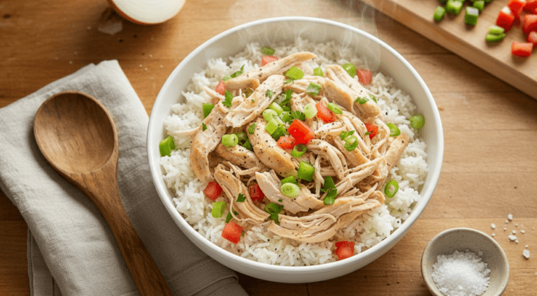 Shredding cooked chicken with two forks in a pan.