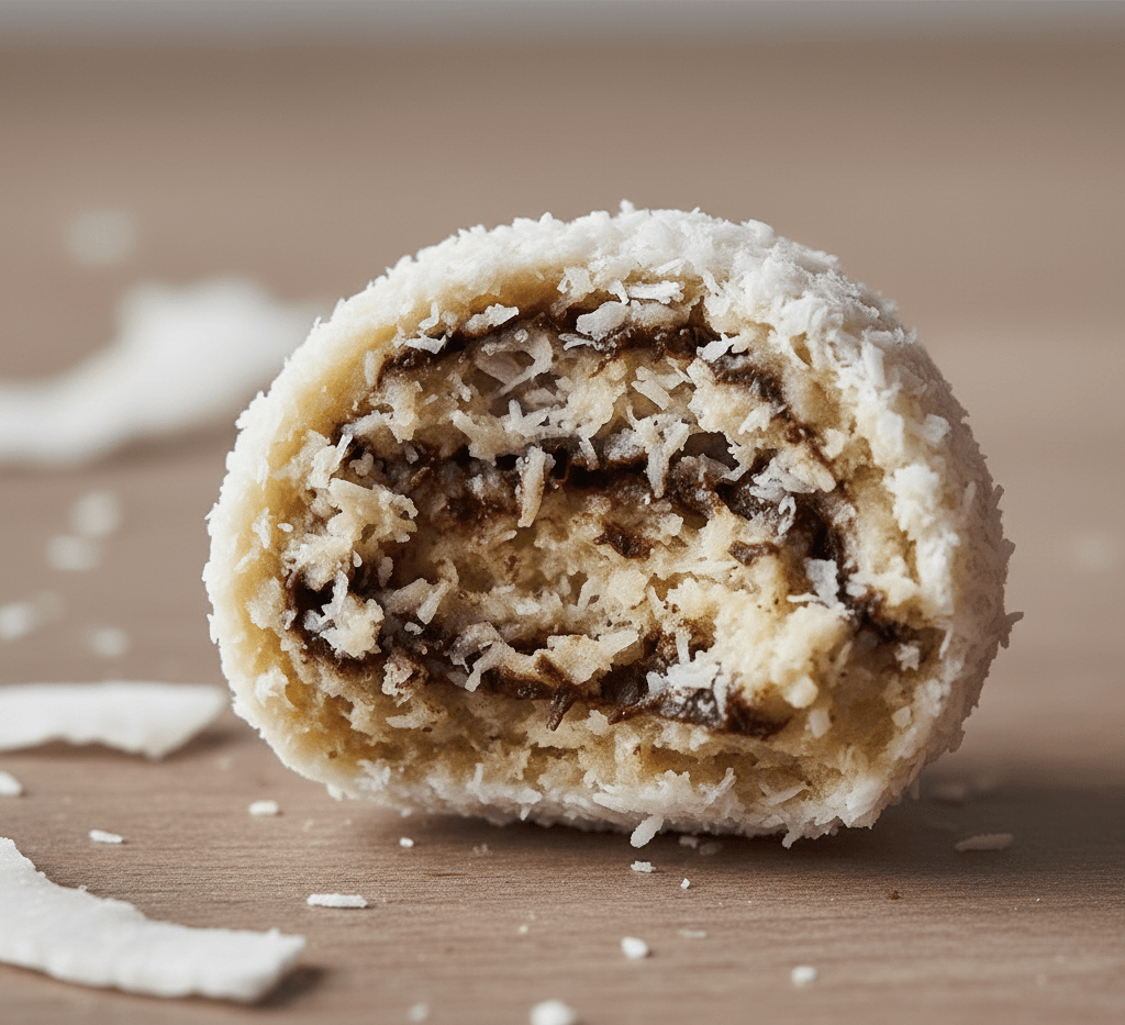 Coconut ball cut in half showing soft, creamy interior with chocolate streaks