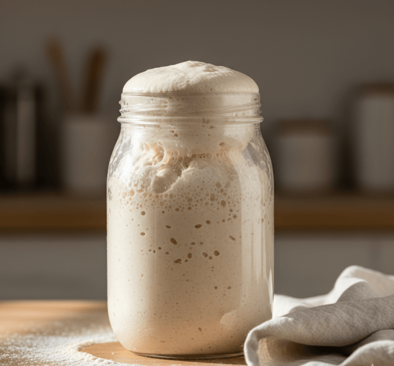 Mature sourdough starter at peak rise with domed top and fermentation bubbles