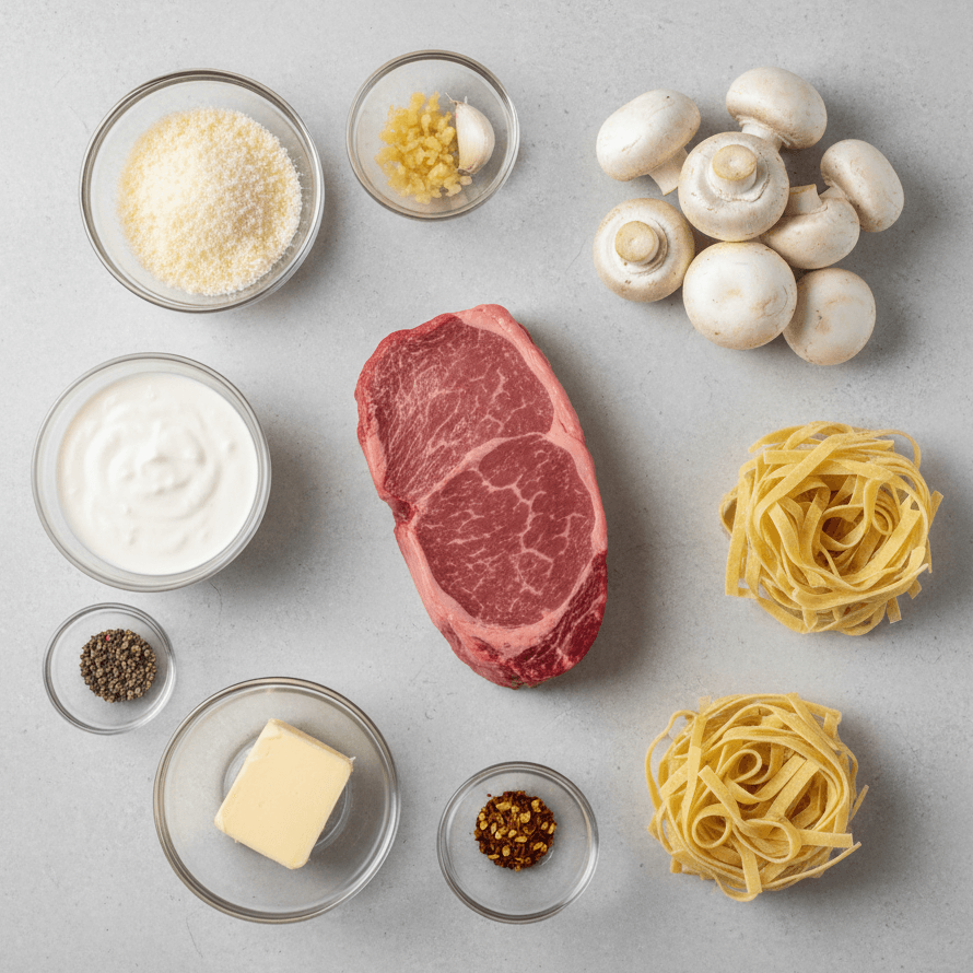 Fresh ingredients for quick steak and pasta including raw sirloin, pasta, cream, garlic, Parmesan, butter, and mushrooms arranged on a countertop.