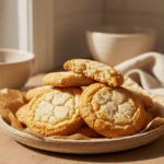 Quick crispy and chewy chipless cookies with golden crisp edges and soft centers, stacked on a plate and ready to serve