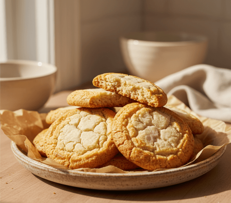 Quick crispy and chewy chipless cookies with golden crisp edges and soft centers, stacked on a plate and ready to serve