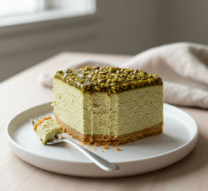 Slice of pistachio cheesecake on a plate showing layers of base, filling, and glossy topping.