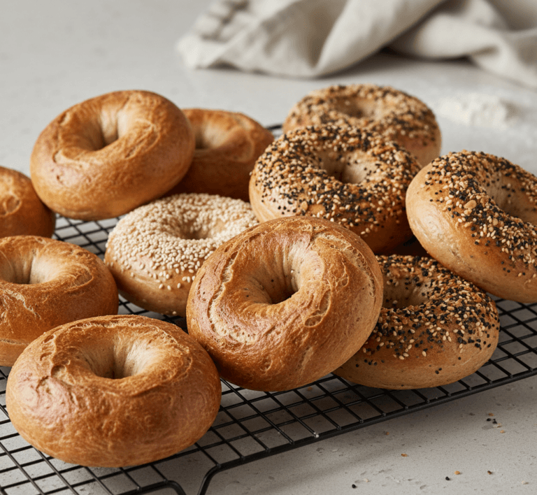 Freshly baked homemade bagels with chewy crust and golden finish