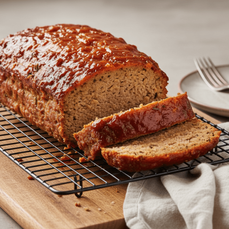 Air fryer meatloaf with caramelized glaze, sliced to show tender and moist interior