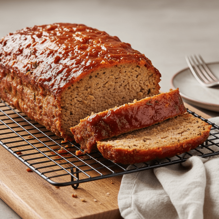 Air fryer meatloaf with caramelized glaze, sliced to show tender and moist interior