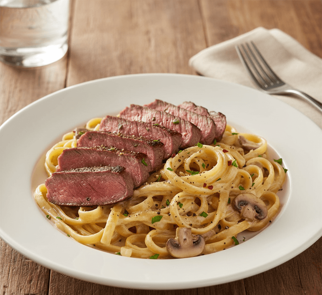 Plate of creamy garlic Parmesan pasta topped with sliced medium-rare steak, mushrooms, and parsley on a wooden table.
